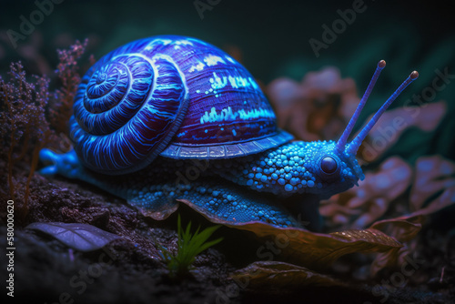 Mystical blue snail closeup on the dry leaves. Isolated on blurred background. Stunning birds and animals in nature travel or wildlife photography made with Generative AI