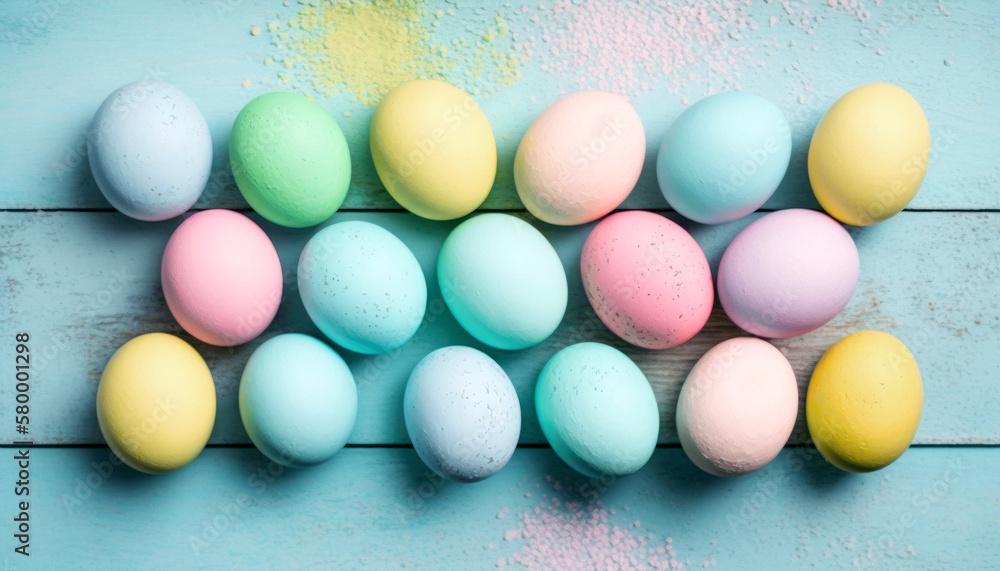 Easter background. Pastel colored Easter eggs. Happy Easter decoration. Generative AI