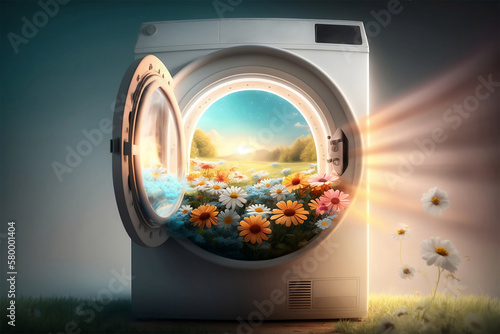 Fresh flower aroma washing product advertising, clean and fresh laundry concept. Generative AI photo