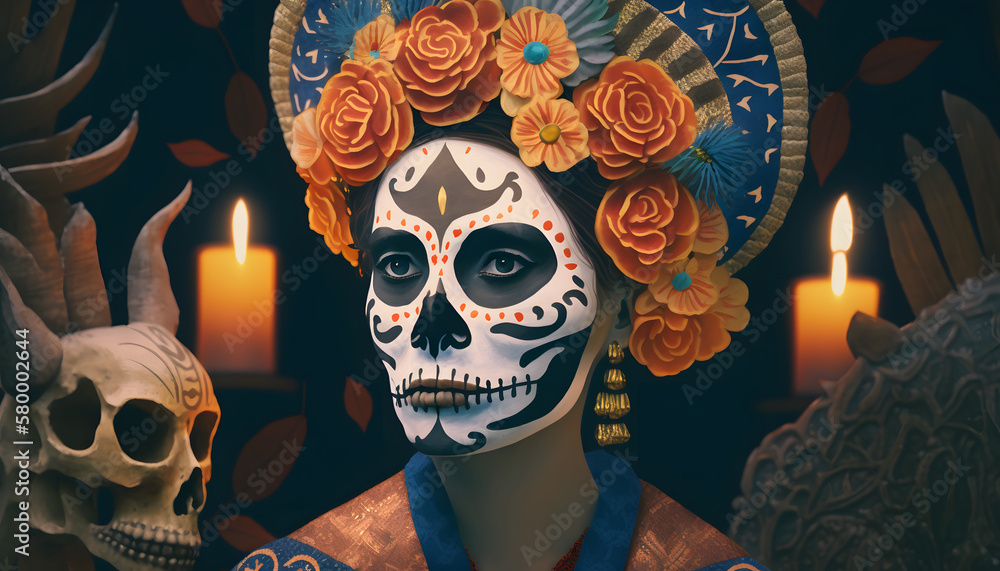 Portrait of a woman wearing beautiful Day of the Dead costumes and skull makeup Portrait of a woman wearing beautiful Day of the Dead costumes and skull makeup