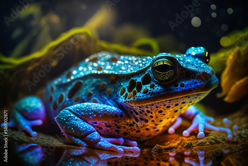 Mystical glowing blue frog near the water. Wetland background. Stunning birds and animals in nature travel or wildlife photography made with Generative AI