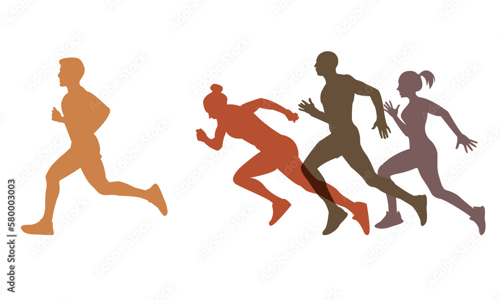 People are running a marathon. A man pulls ahead. Silhouettes of people running. People are running a marathon. A man pulls ahead. Silhouettes of people running.