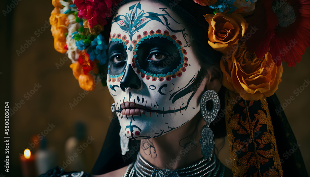 Portrait of a woman wearing beautiful Day of the Dead costumes and skull makeup Portrait of a woman wearing beautiful Day of the Dead costumes and skull makeup