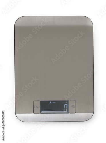 Modern digital kitchen scale isolated on a white background, top view.