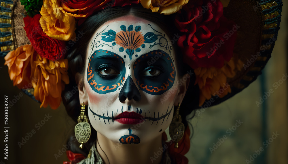 Portrait of a woman wearing beautiful Day of the Dead costumes and skull makeup Portrait of a woman wearing beautiful Day of the Dead costumes and skull makeup