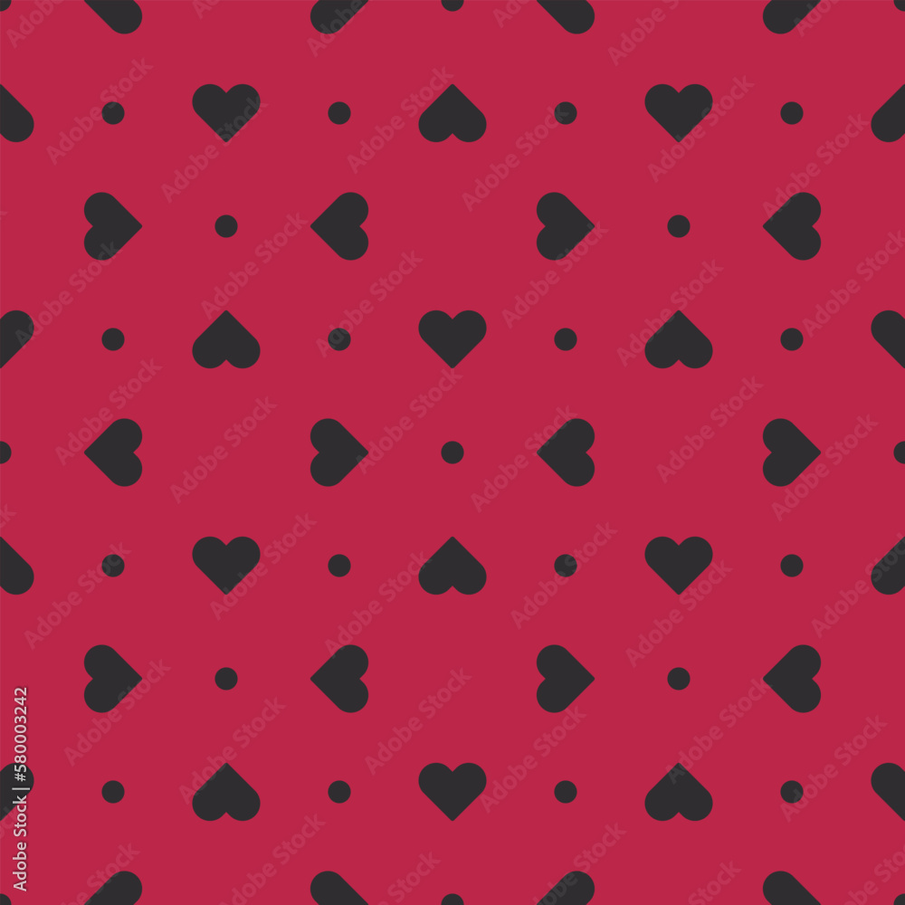 Seamless pattern black heart shape red background. Texture design for fabric, tile, banner, template, card, poster, backdrop, wall. Vector illustration.