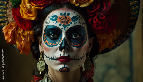 Portrait of a woman wearing beautiful Day of the Dead costumes and skull makeup © Demencial Studies