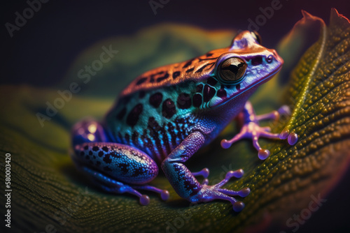 Mystical glowing frog on a leaf with black poison darts. Isolated on dark background. Stunning birds and animals in nature travel or wildlife photography made with Generative AI