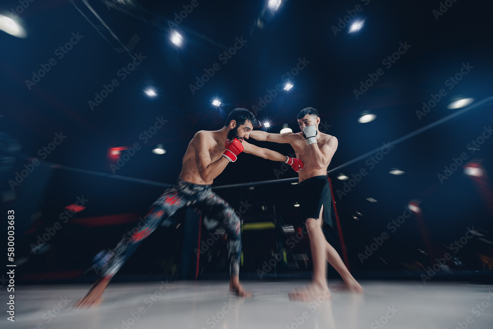 Two man MMA boxers fighters in fights without rules in ring octagon, dark background, motion blur Two man MMA boxers fighters in fights without rules in ring octagon, dark background, motion blur