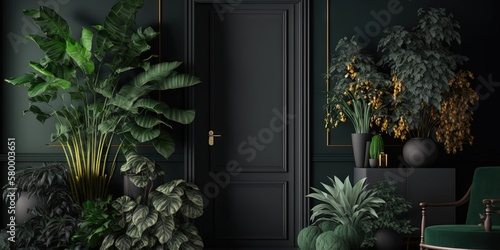 AI generated interior design featuring vibrant green indoor plants against a dark blue wall, Generative AI