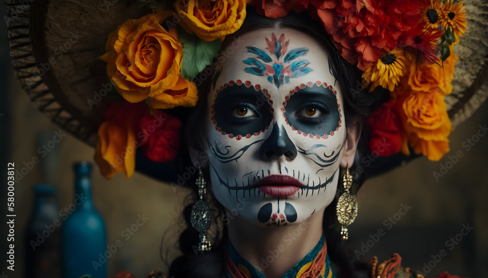 Portrait of a woman wearing beautiful Day of the Dead costumes and skull makeup Portrait of a woman wearing beautiful Day of the Dead costumes and skull makeup