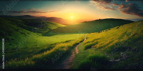 Lovely view of a green meadow in the hills during summer sunset with fresh grass, Generative AI