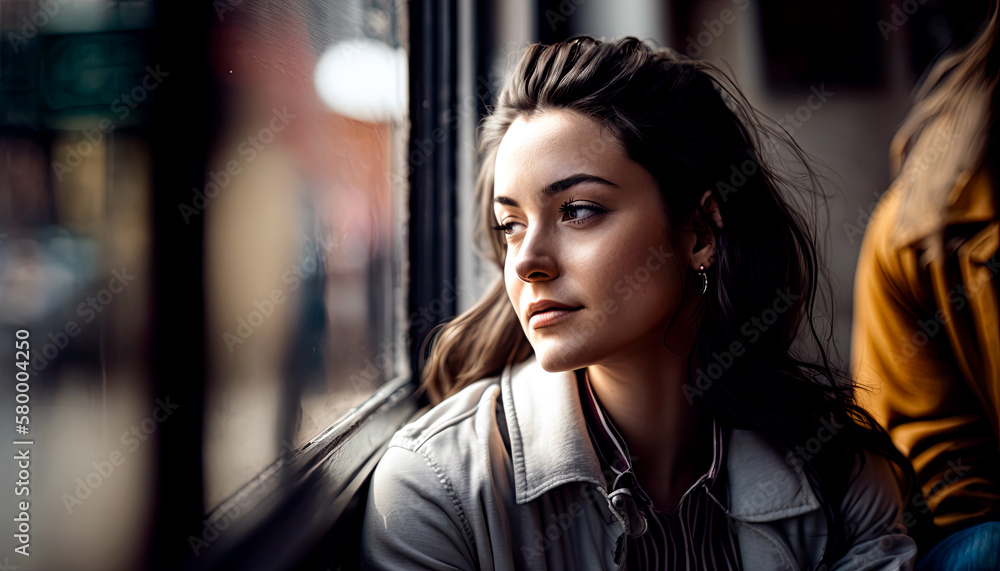 Young woman in bus looking outside window. Generative AI.