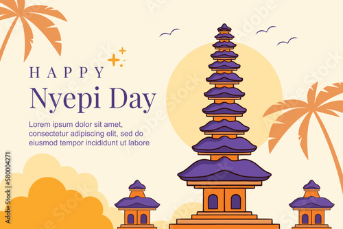 Vector day of silence happy nyepi bali hindu indonesia poster banner horizontal template illustration flat design