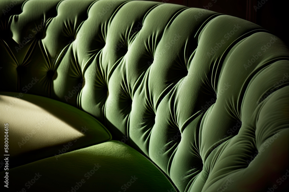 Obraz premium Close up of a green fabric sofa with moody shadows. Generative AI.