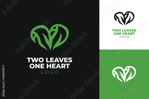 logo of green two leaf combine with heart or love for food and beverage tea coffee logo design, icon and symbol simple modern style