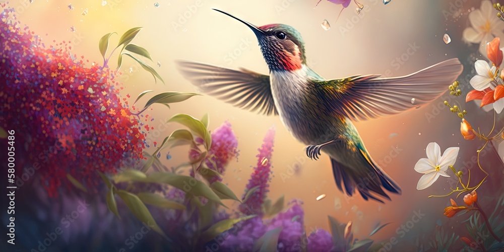 AI generated text: In spring, a hummingbird gracefully flies over blooming plants, displaying its beauty, Generative AI