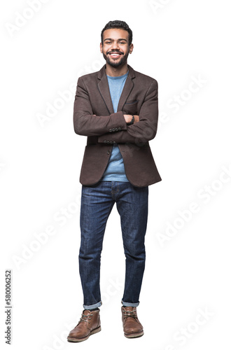 Cheerful businessman standing confident isolated in transparent PNG, Full length studio portrait of smiling young man with folded arms photo