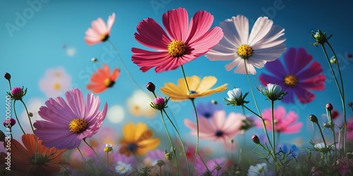 Cosmos flowers of various colors bloom in meadows during spring/summer, beautifully contrasting against a blue sky with chosen focus, Generative AI © Oleksii