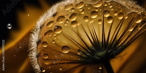 Tiny droplets on dandelion seeds in nature, featuring rich yellow and golden hues, Generative AI