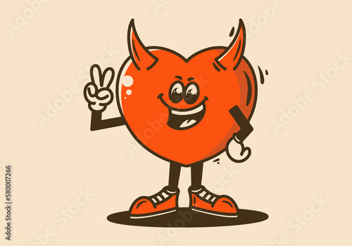 Mascot character of a standing devil heart with hands forming a peace symbol
