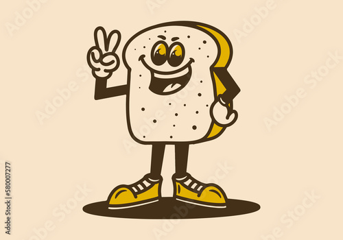 Mascot character of a standing white bread with hands forming a peace symbol