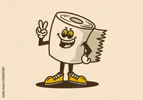 Mascot character of a standing tissue roll with hands forming a peace symbol