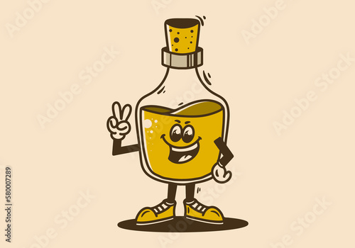Mascot character of a standing alcohol bottle with hands forming a peace symbol