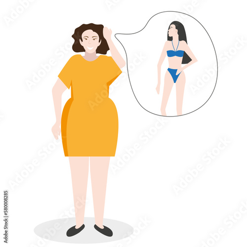 A stout woman dreams of becoming slim. Weight loss, health, flat vector illustration