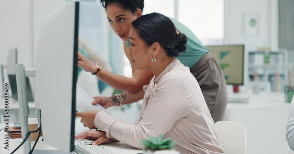 Women, report documents and computer for coaching, goals and business kpi for teamwork planning. Black woman team, paper and training at investment agency with data, collaboration and market research Women, report documents and computer for coaching, goals and business kpi for teamwork planning. Black woman team, paper and training at investment agency with data, collaboration and market research