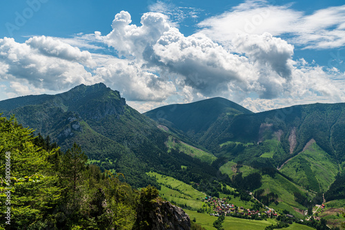 Stefanova village with Velky Rozsutec and Stoh hill from Boboty hill in Mala Fatra mountains in Slovakia