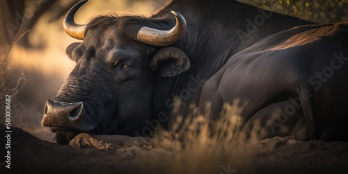 buffalo resting after eating from below side view golden Generative AI