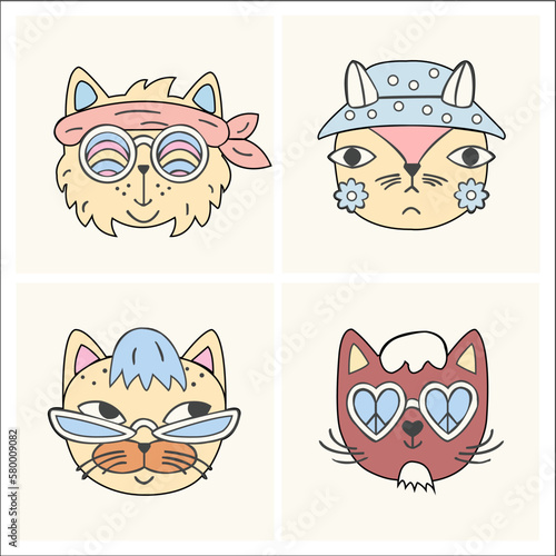 Set of funny cartoon hippie cats