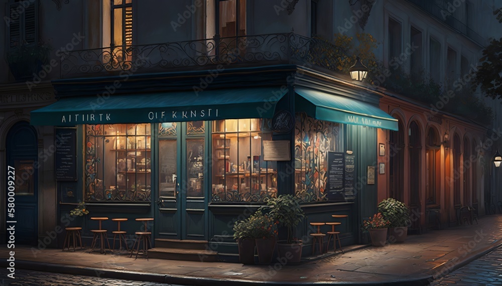Store front on paris street at night, ai generated
