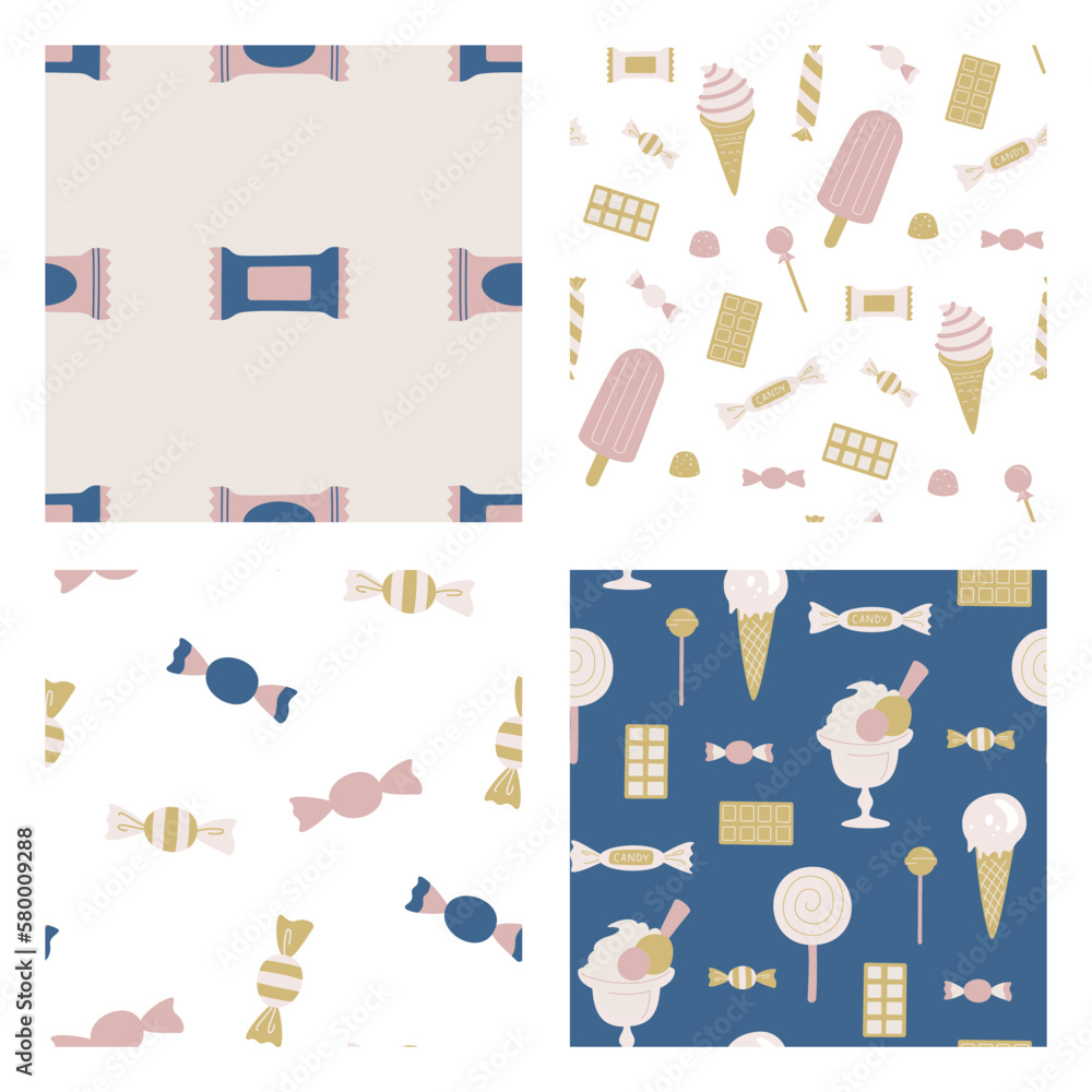 Set of seamless vector sweets patterns. Collection of candies backgrounds for fabric, textile, cover, design etc. Set of seamless vector sweets patterns. Collection of candies backgrounds for fabric, textile, cover, design etc.