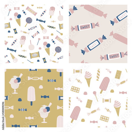 Set of seamless vector sweets patterns. Collection of candies backgrounds for fabric  textile  cover  design etc.