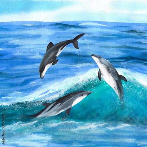 Three hand drawn watercolor dolphins. An illustration for printing design.  © Elena Valeto