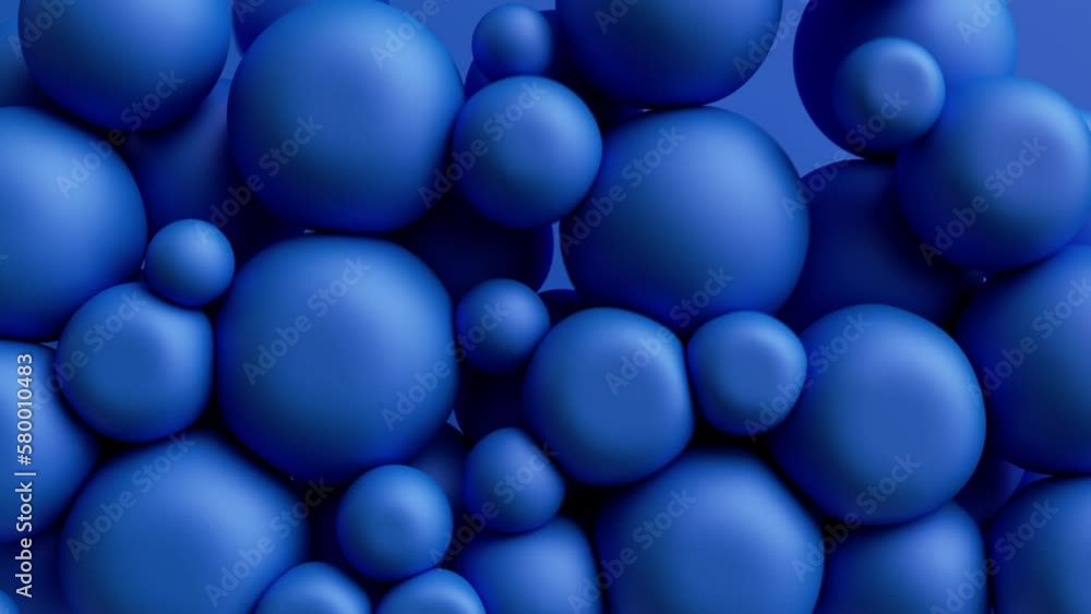 3d animation, abstract background with blue balls, inflatable balloons. Pressed round shapes. Simple geometric wallpaper