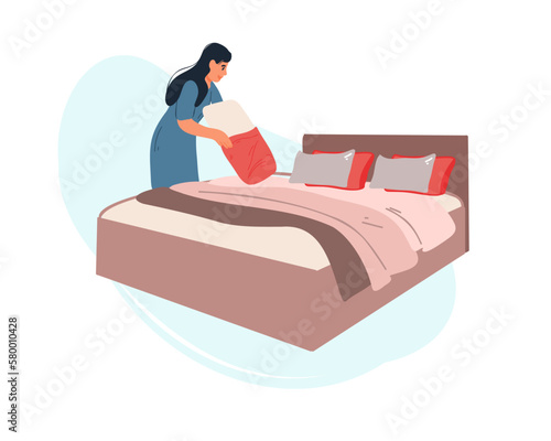 A woman is setting up a bed with a pillow. Vector illustration