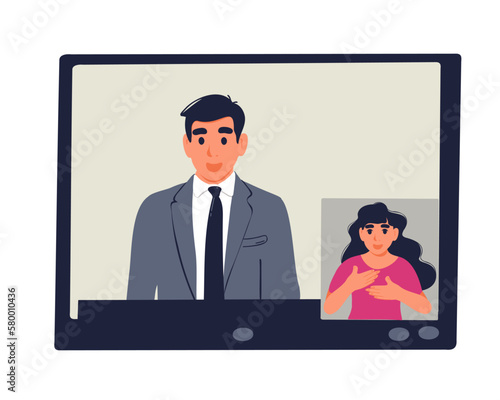 A man is on a video call with a woman on the screen, sign language interpreter.  Vector illustration