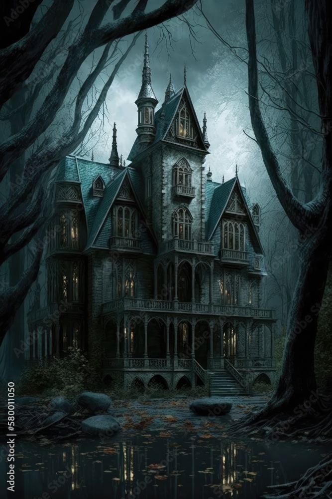 Dark gothic ghost manor house in the forest. Halloween scene. Spooky. Horror concept. Generative ai. Dark gothic ghost manor house in the forest. Halloween scene. Spooky. Horror concept. Generative ai.