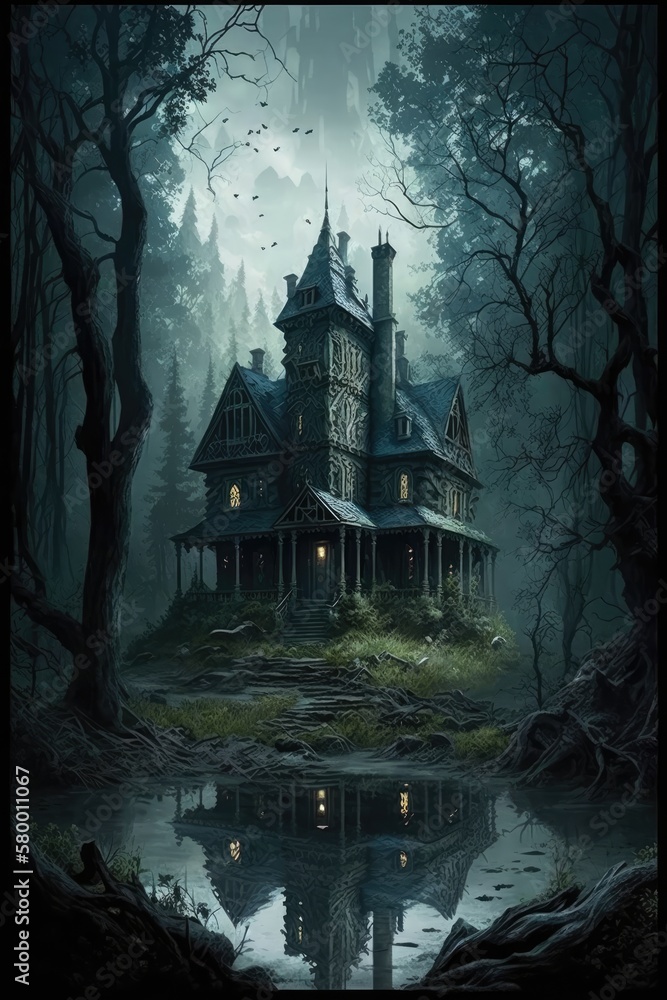 Obraz premium Dark gothic abandoned house in the forest. Halloween scene. Spooky. Horror concept. Generative ai. 