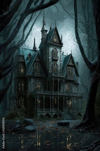 Dark gothic ghost manor house in the forest. Halloween scene. Spooky. Horror concept. Generative ai. 