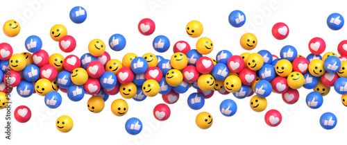 Fototapeta Naklejka Na Ścianę i Meble -  Many flying blue red and yellow balls with social media icons flying over transparent background. Get More Likes. PNG file