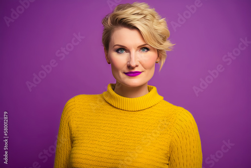 AI Generative Illustration of a Creative Photo of Lady Wearing Yellow Knitted Jumper With isolated on Purple Color Background