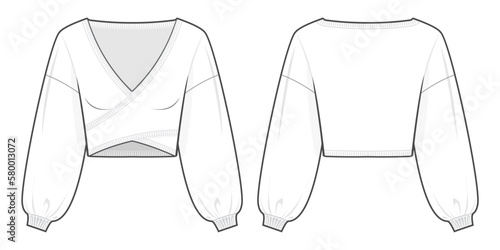 Crop Deep V-Neck Long Sleeve Sweater Cross Wrap Front flat technical drawing template. Knitted Pullover technical fashion Illustration, front and back view, white, CAD mockup.