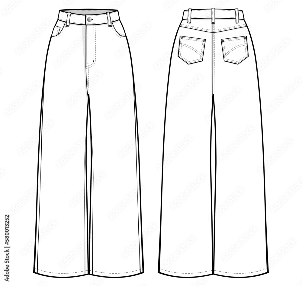 High-Waisted Baggy Wide-Leg Jeans flat technical drawing template ...