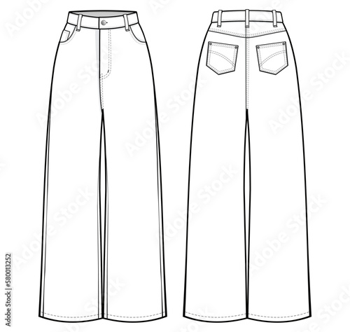 High-Waisted Baggy Wide-Leg Jeans flat technical drawing template. Denim jeans technical fashion Illustration, front and back view, white, CAD mockup.