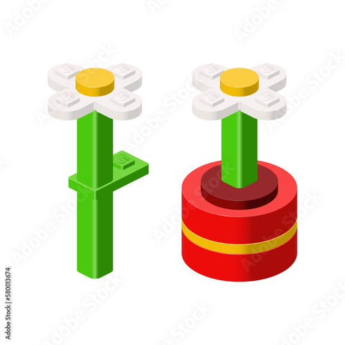 Chamomile from plastic blocks in isometric style for print and decoration. Vector illustration.