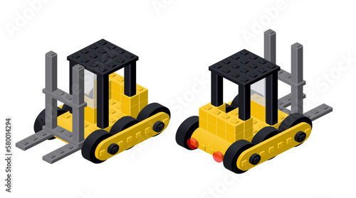 Forklifts made of plastic blocks in isometric style for print and design. Vector illustration.
